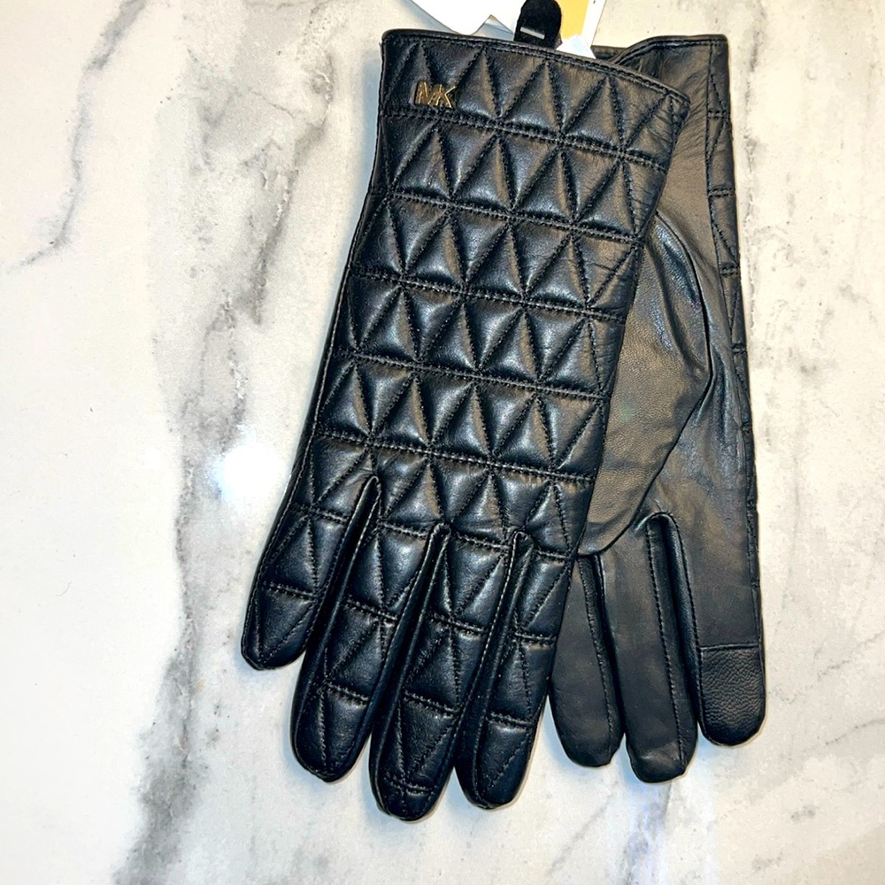 NWT Michael Kors Diamond Pattern Leather Gloves • Women's Sz Large 🖤 - Picture 2 of 3